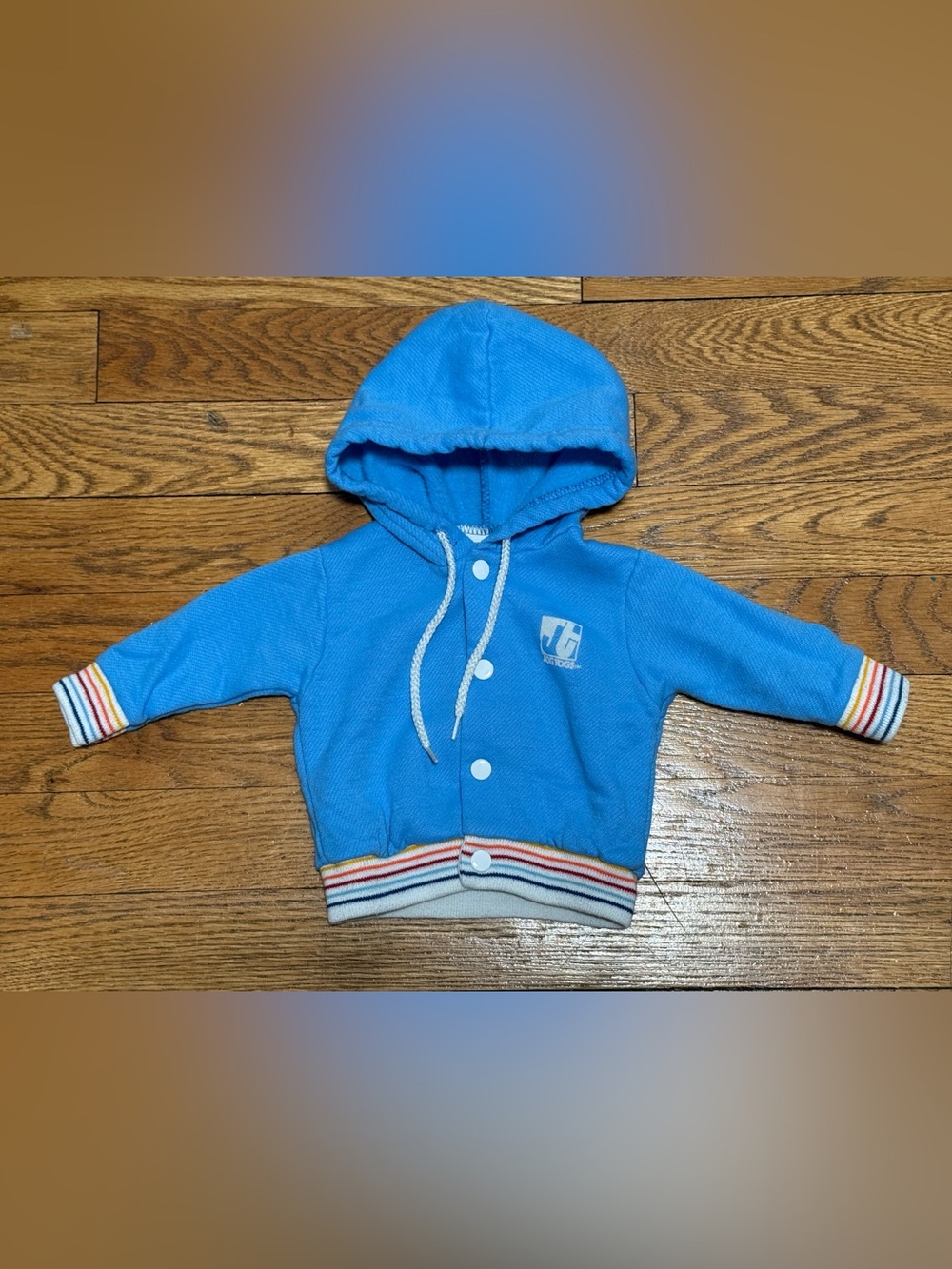 Vintage Baby (Up to 14lbs) Jog Togs Baby Blue with Rainbow Trim Snap Jacket EUC